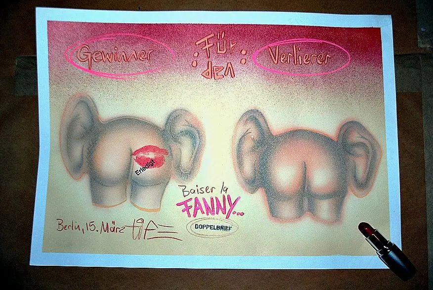Baiser la Fanny, 2013, Sprühfarbe / Acrylfarbe / Marker / Buntstifte auf Papier, fotografische Collage von Tim Florian Mueller