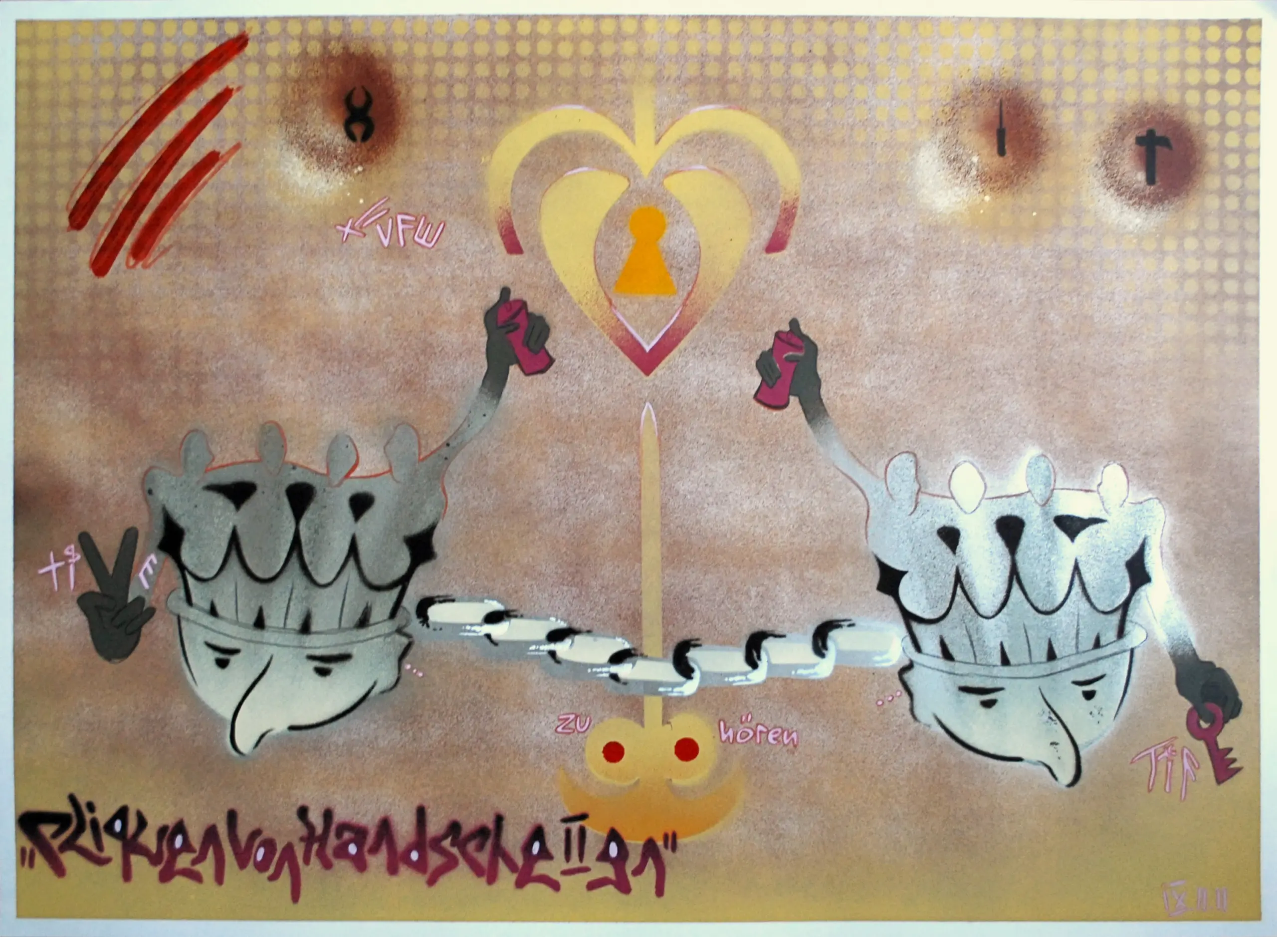 Cliquen von Handschellen, 2011, Sprühfarbe / Alkoholmarker / Marker / Buntstifte, 50 x 70 cm von Tim Florian Mueller