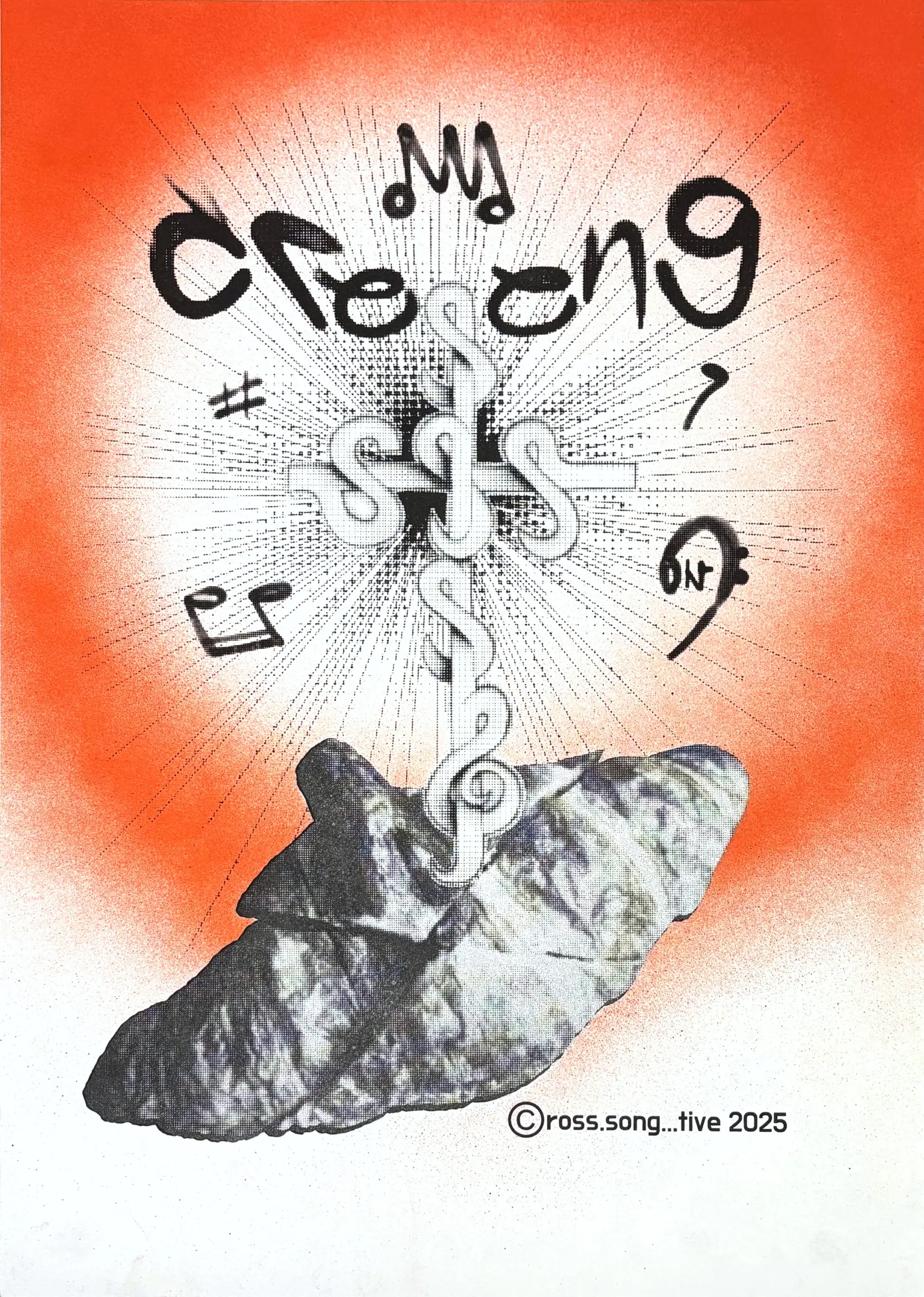Cross.song, 2025, Sprühfarbe / Siebdruck auf Papier, 50 x 35 cm von Tim Florian Mueller