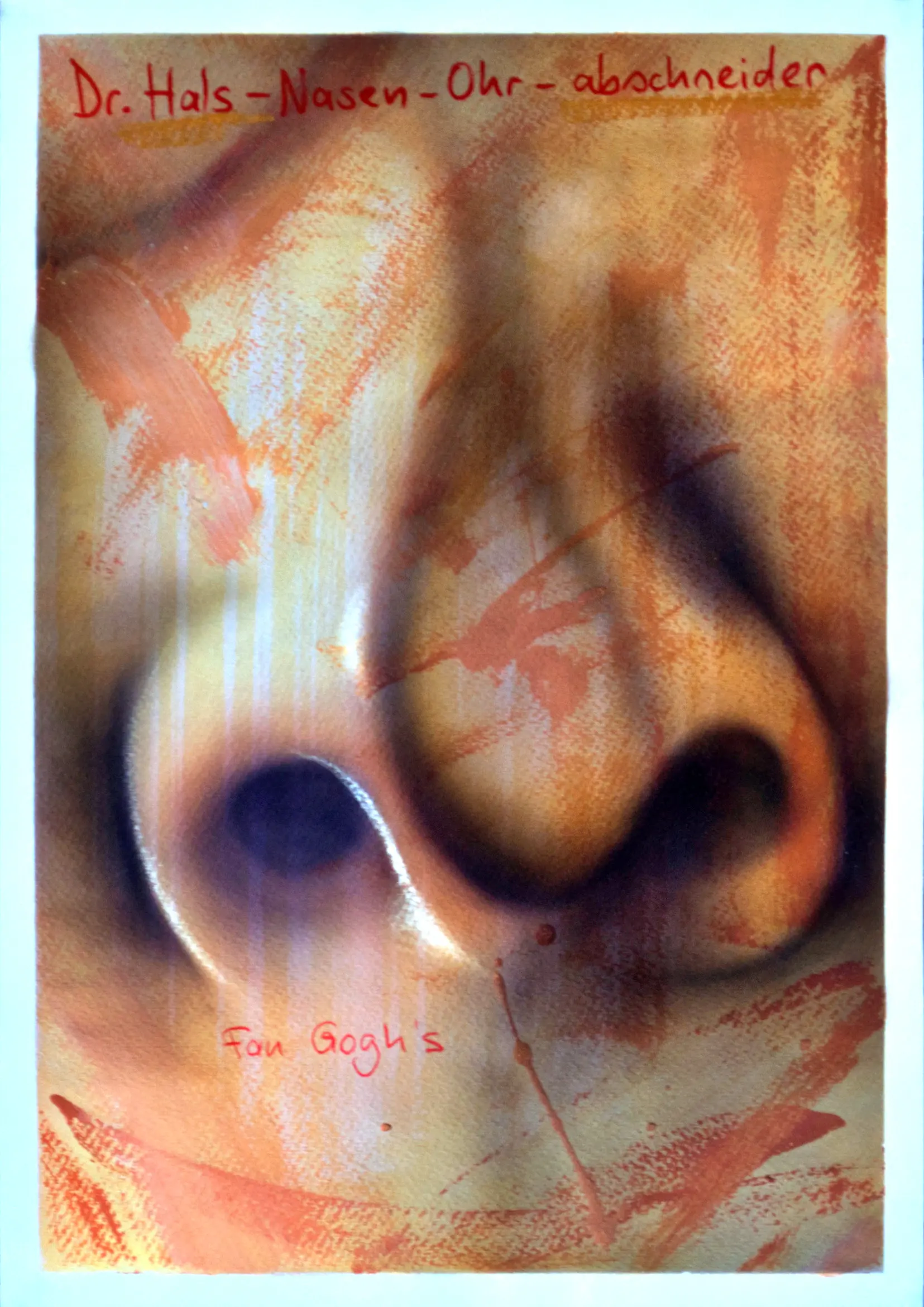 Dr. Hals-Nasen-Ohr-Abschneider, 2012, Acrylfarbe / Dispersionsfarbe / Marker / Buntstifte / Wachsstifte auf Papier von Tim Florian Mueller