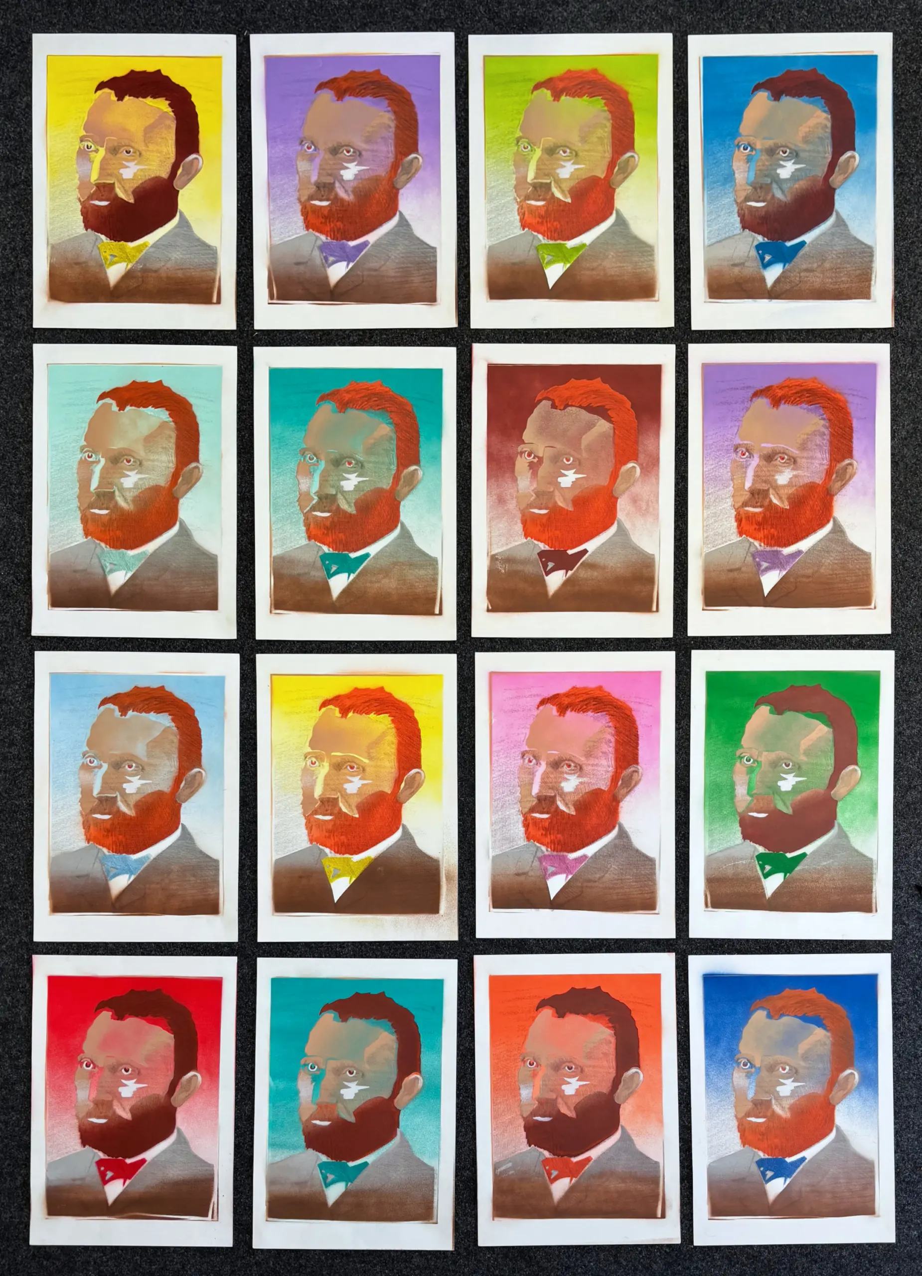 16 van Goghs, 2025, Sprühfarbe / Siebdruck auf Papier, je 50 x 35 cm von Tim Florian Mueller