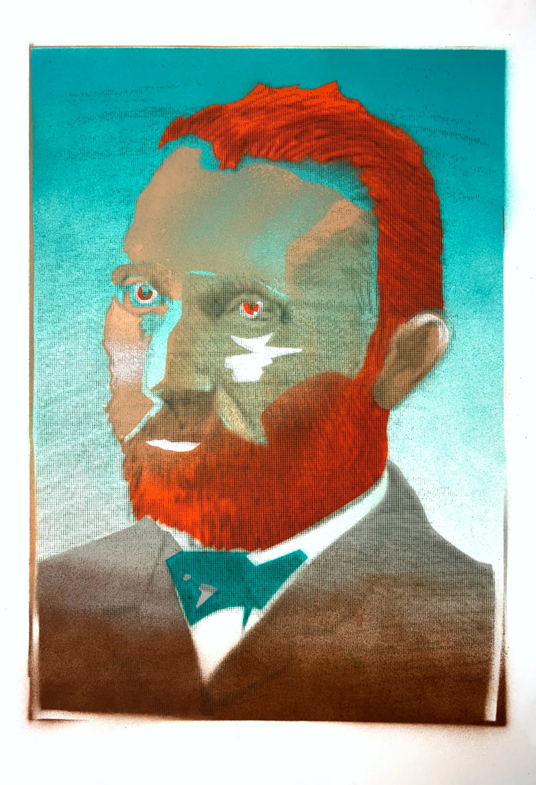 16 van Goghs, 2025, Sprühfarbe / Siebdruck auf Papier, 50 x 35 cm von Tim Florian Mueller
