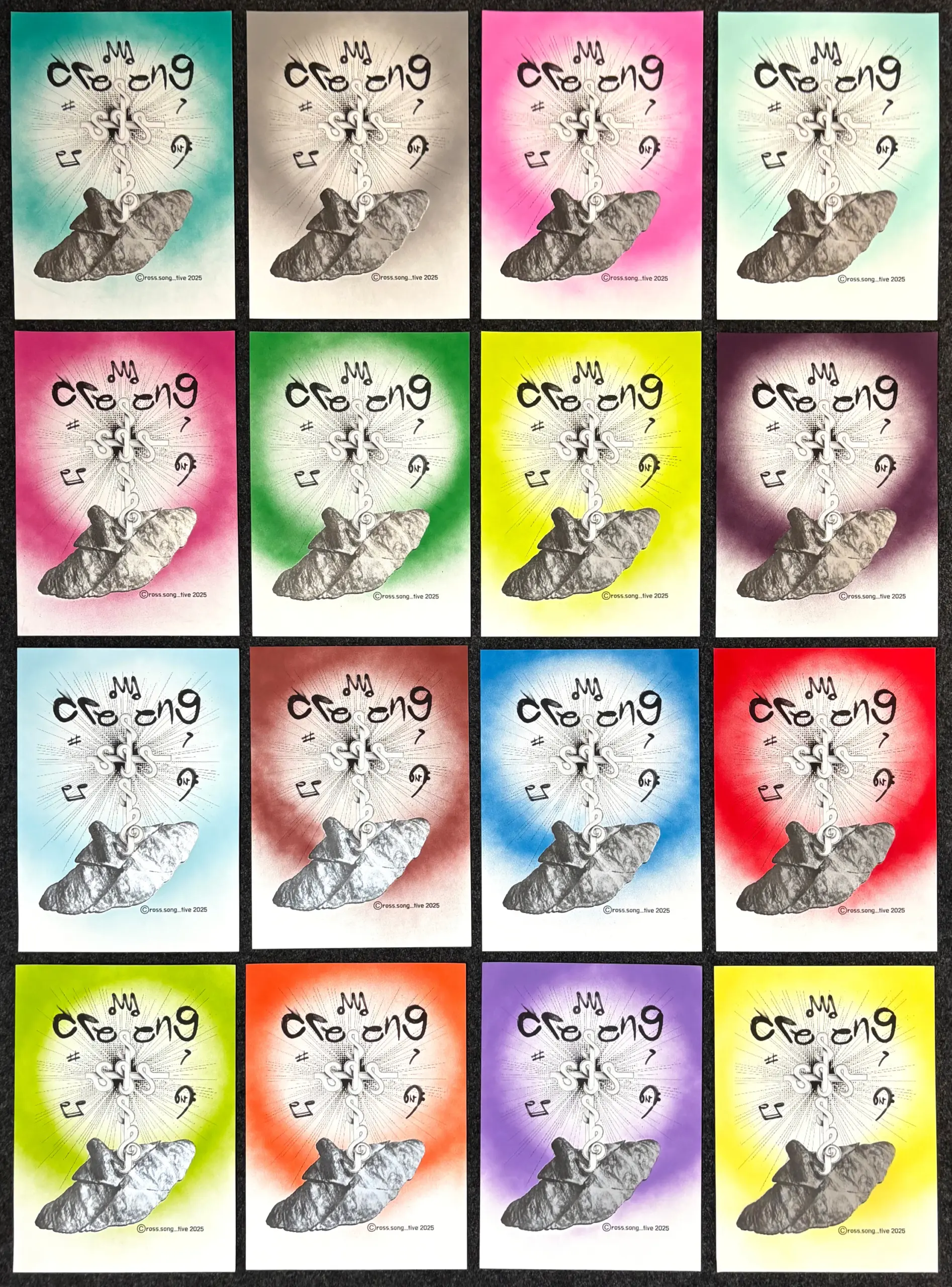 Cross.song, 2025, Sprühfarbe / Siebdruck auf Papier, je 50 x 35 cm von Tim Florian Mueller
