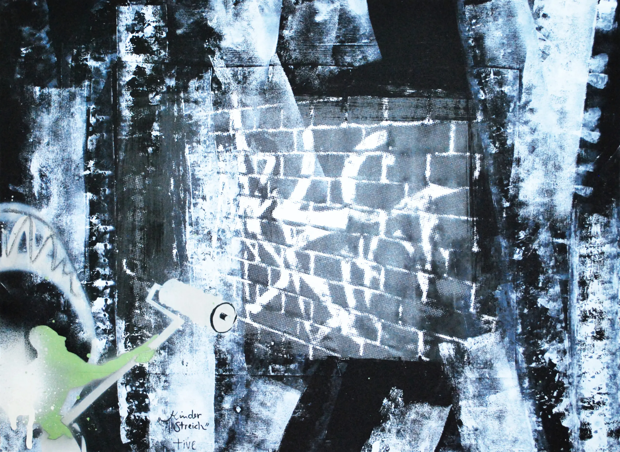 Kinderstreich -farbe, 2009, Collage, Sprühfarbe / Ölfarbe / Wachsstift auf Papier, 50 x 70 cm von Tim Florian Mueller