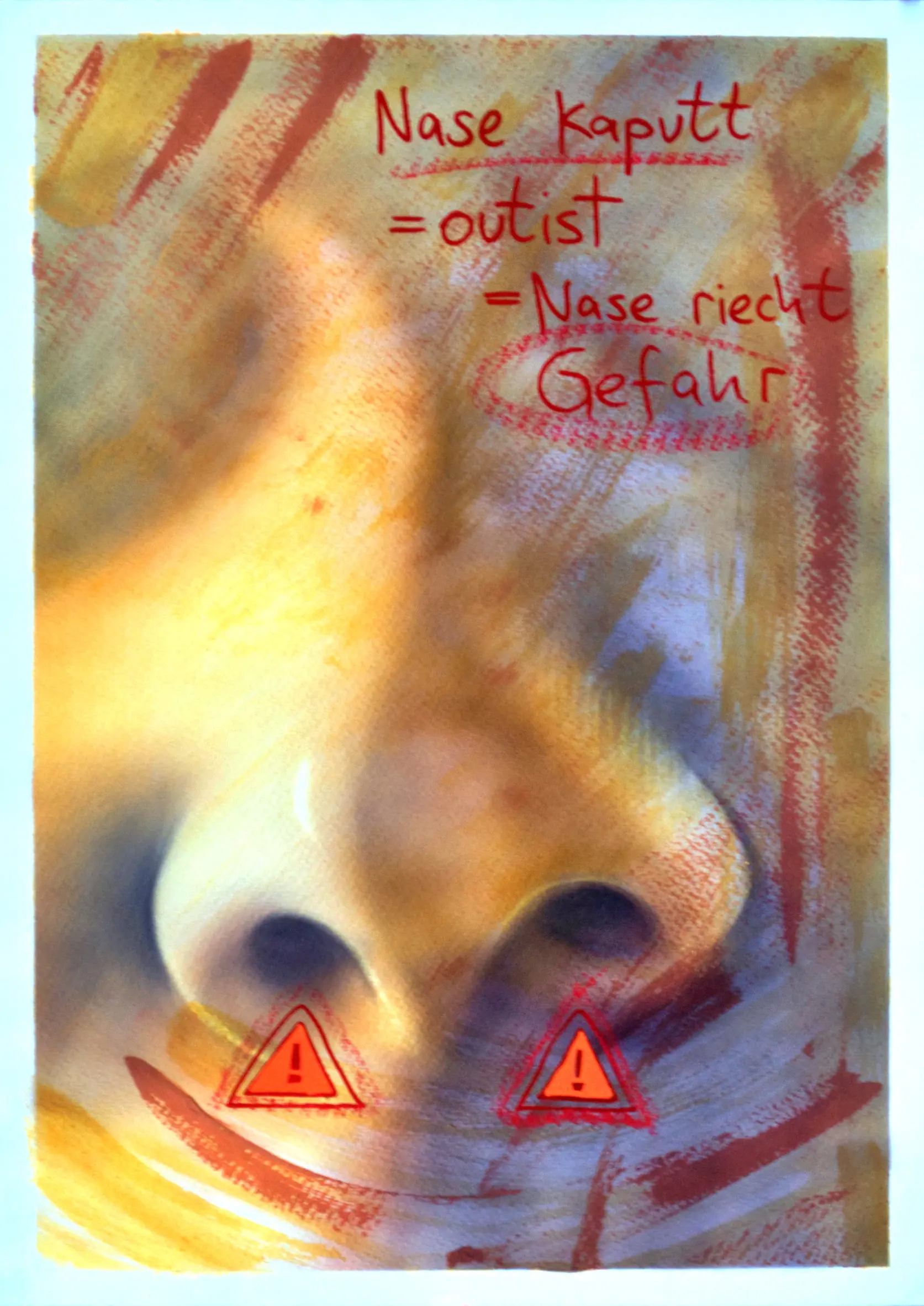 Nase kaputt, 2012, Acrylfarbe / Dispersionsfarbe / Marker / Wachsstifte auf Papier von Tim Florian Mueller