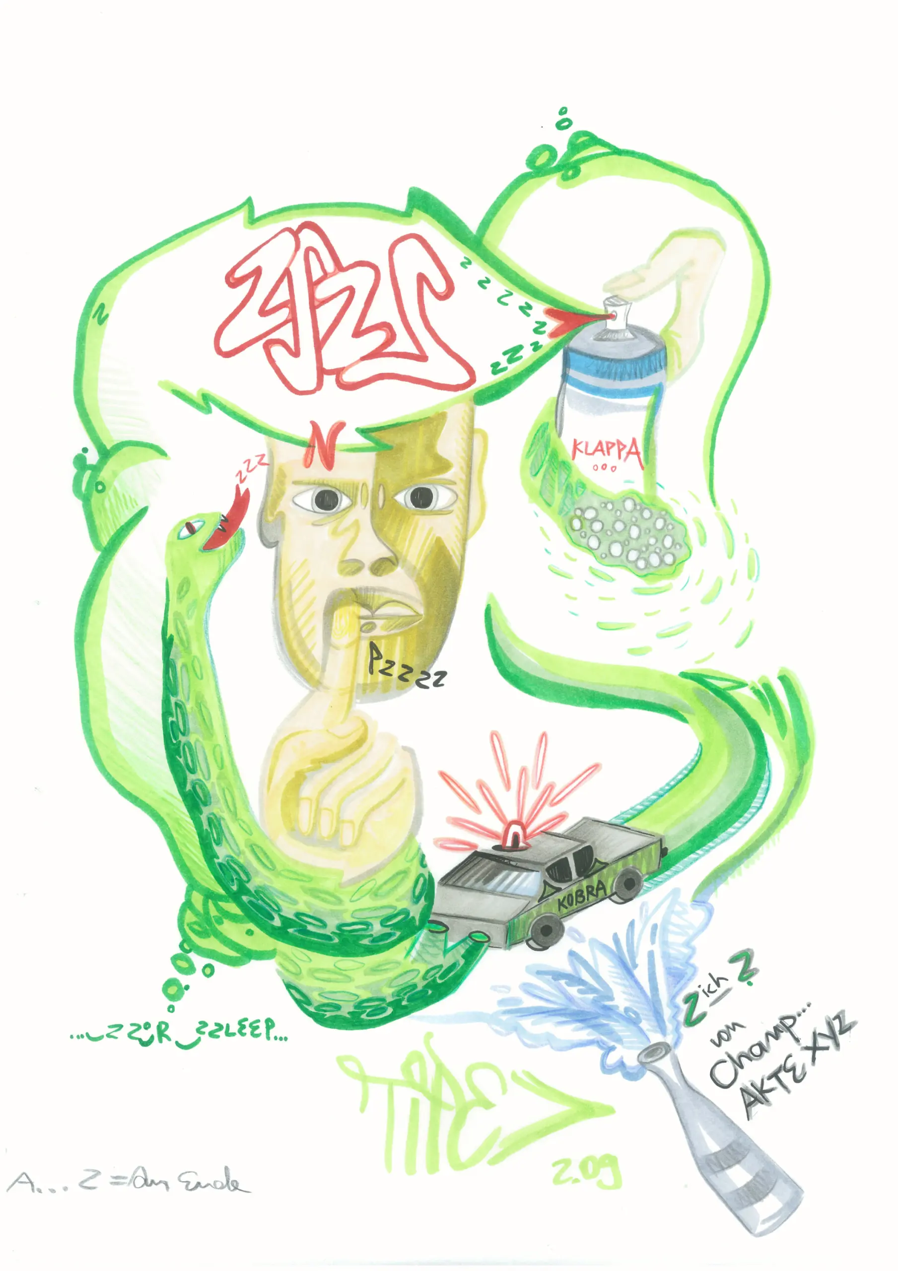 Pzzzz, 2009, Marker / Buntstifte auf Papier, DIN A3 von Tim Florian Mueller