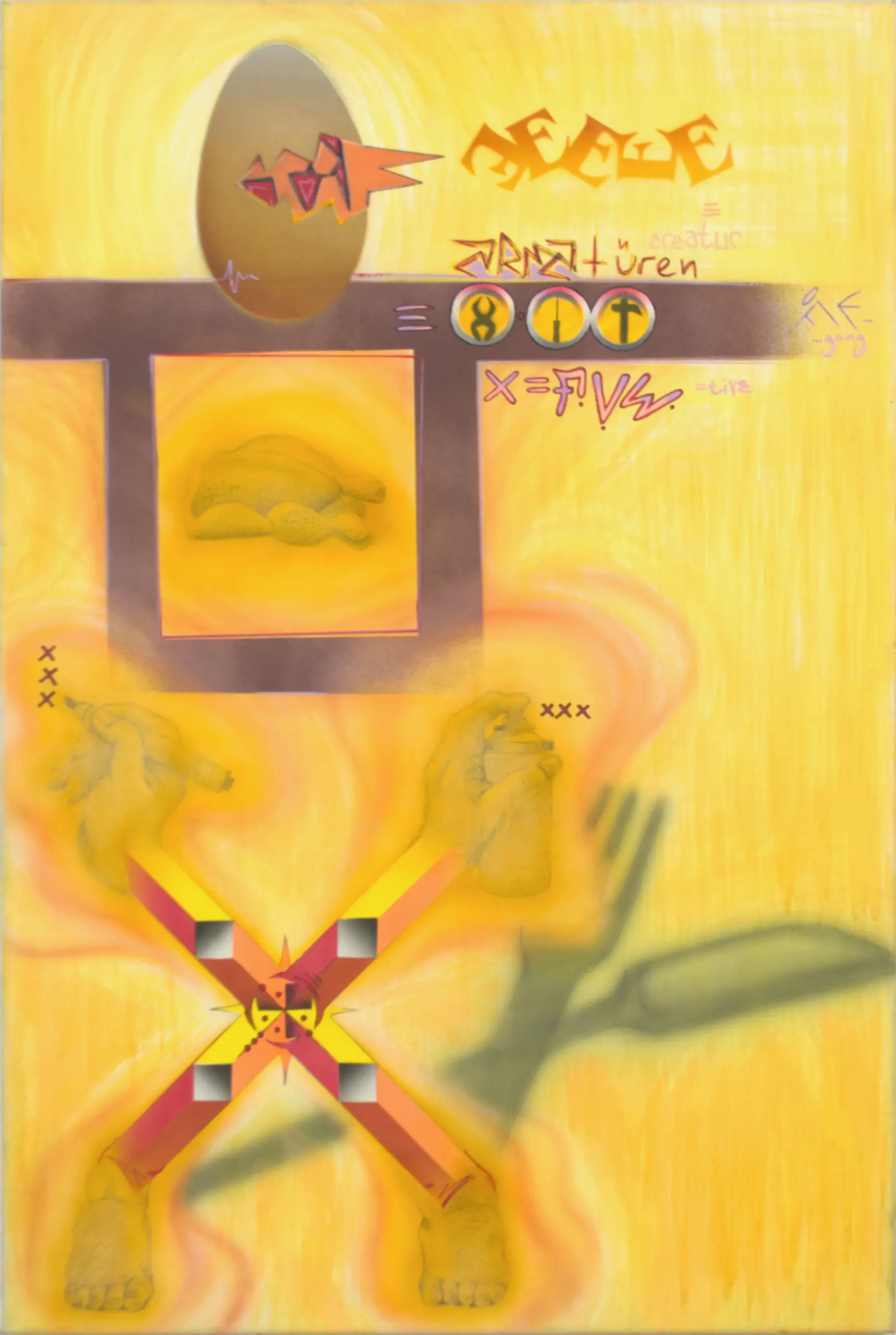 Satansbraten, 2011, Sprühfarbe / Acrylfarbe / Marker / Bleistift auf Leinwand, 90 x 60 cm von Tim Florian Mueller