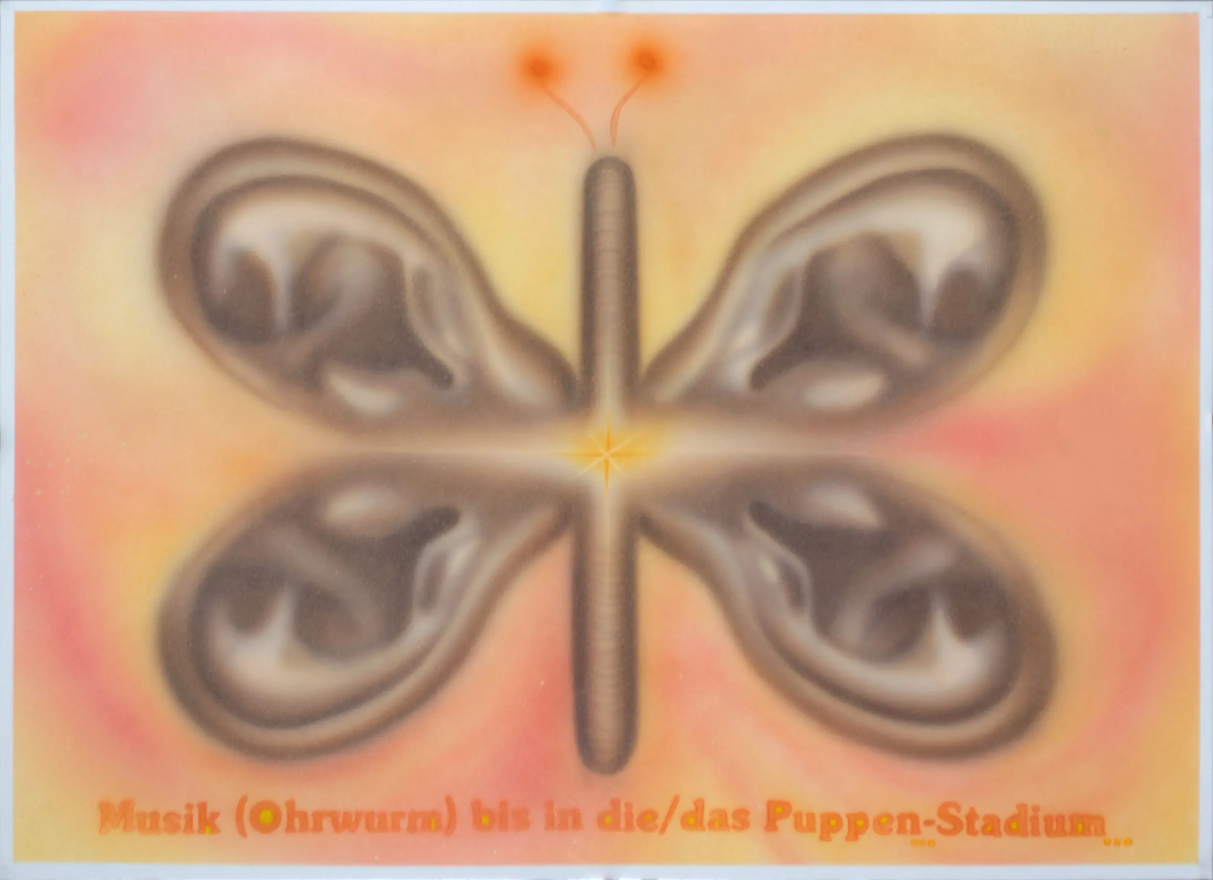 Musik (Ohrwurm) bis in die/das -Puppen -Stadium, 2014, Sprühfarbe / Acrylfarbe / Buntstifte auf Papier, 50 x 70 cm von Tim Florian Mueller