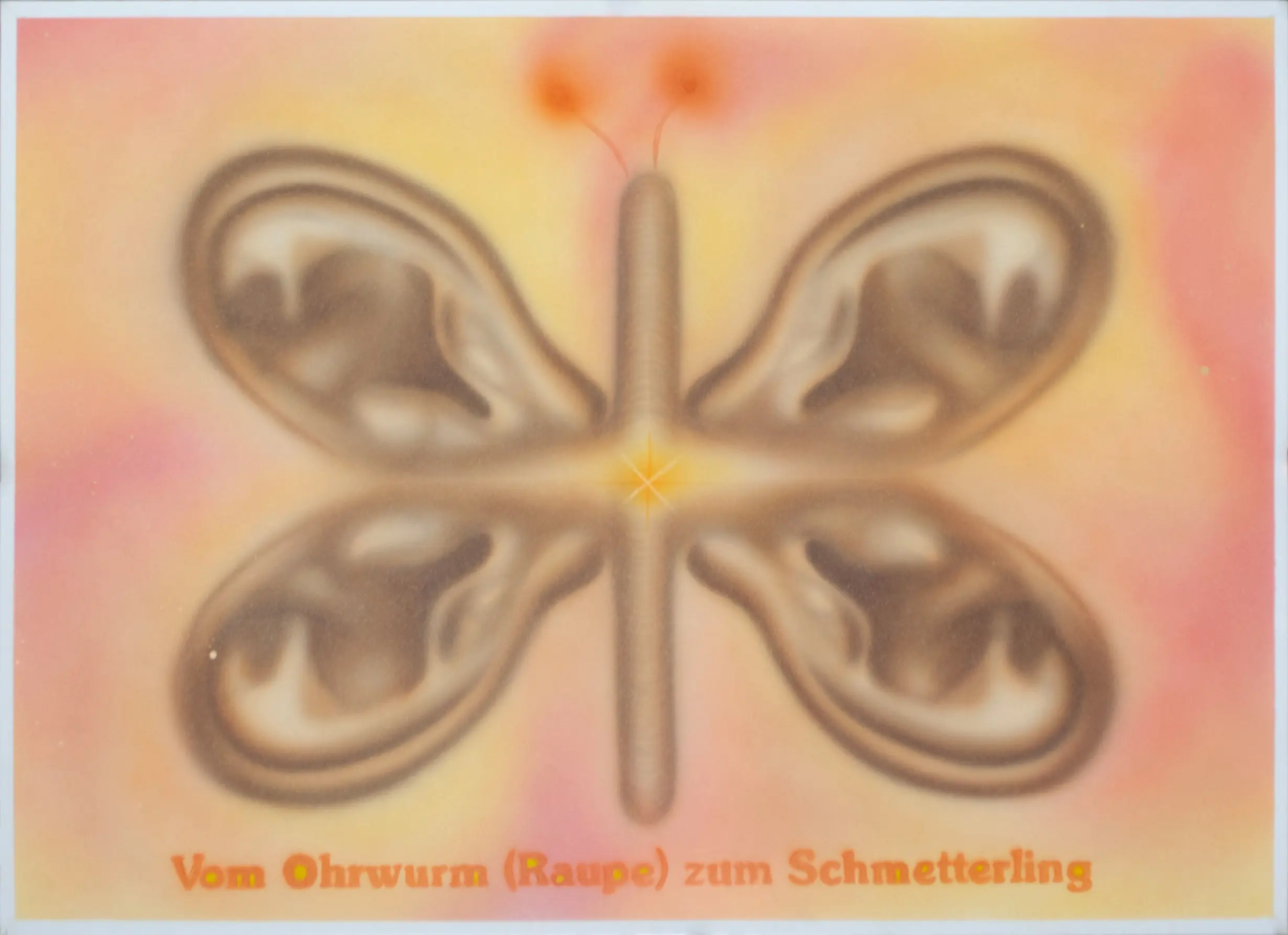 Vom Ohrwurm (Raupe) zum Schmetterling, 2014, Sprühfarbe / Acrylfarbe / Buntstifte auf Papier, 50 x 70 cm von Tim Florian Mueller