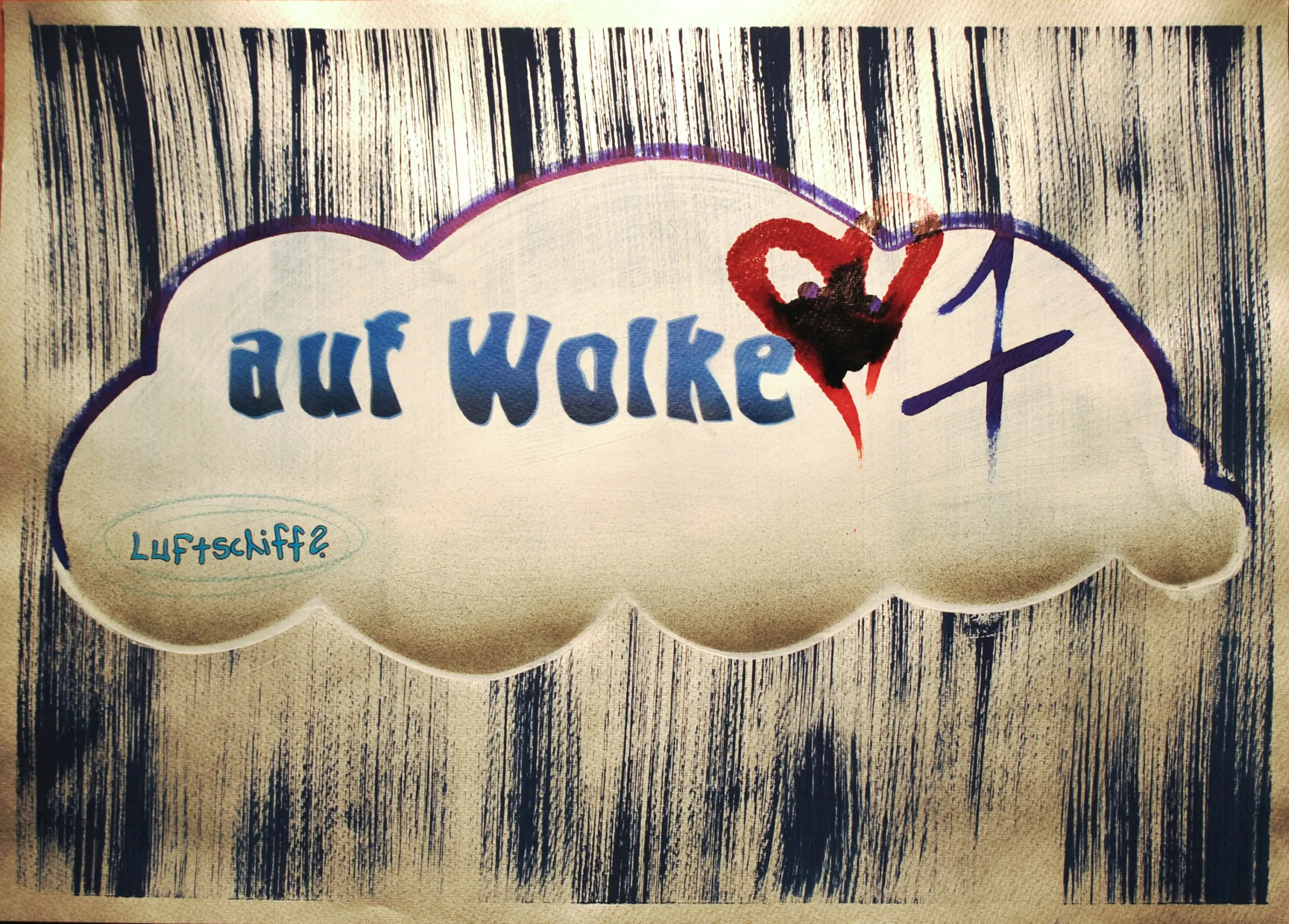 auf Wolke 7, 2012, Sprühfarbe / Acrylfarbe / Alkoholmarker / Marker / Buntstifte auf Papier, 50 x 70 cm von Tim Florian Mueller