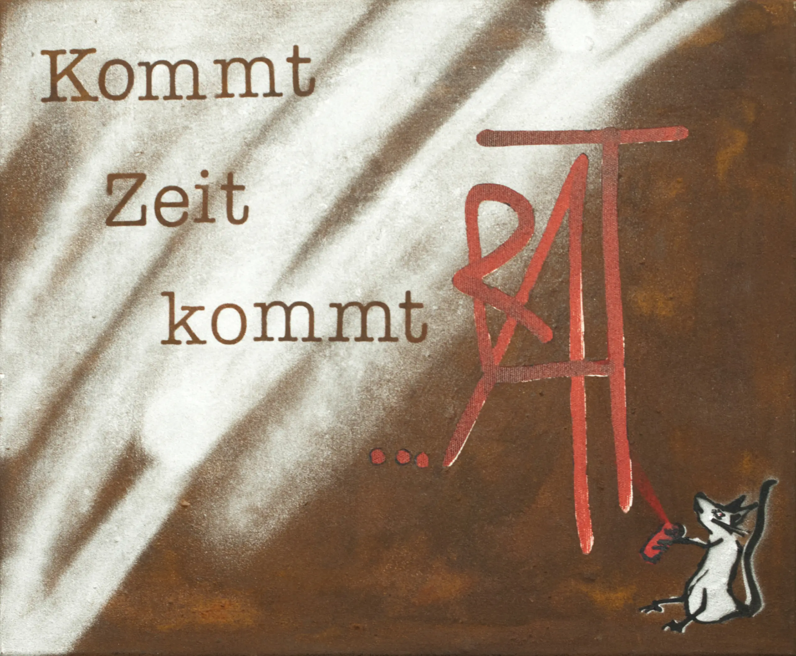 Kommt Zeit kommt ART, 2024, Sprühfarbe / Alkoholmarker / Patina (Oxidation) auf Leinwand, 40 x 50 cm von Tim Florian Mueller