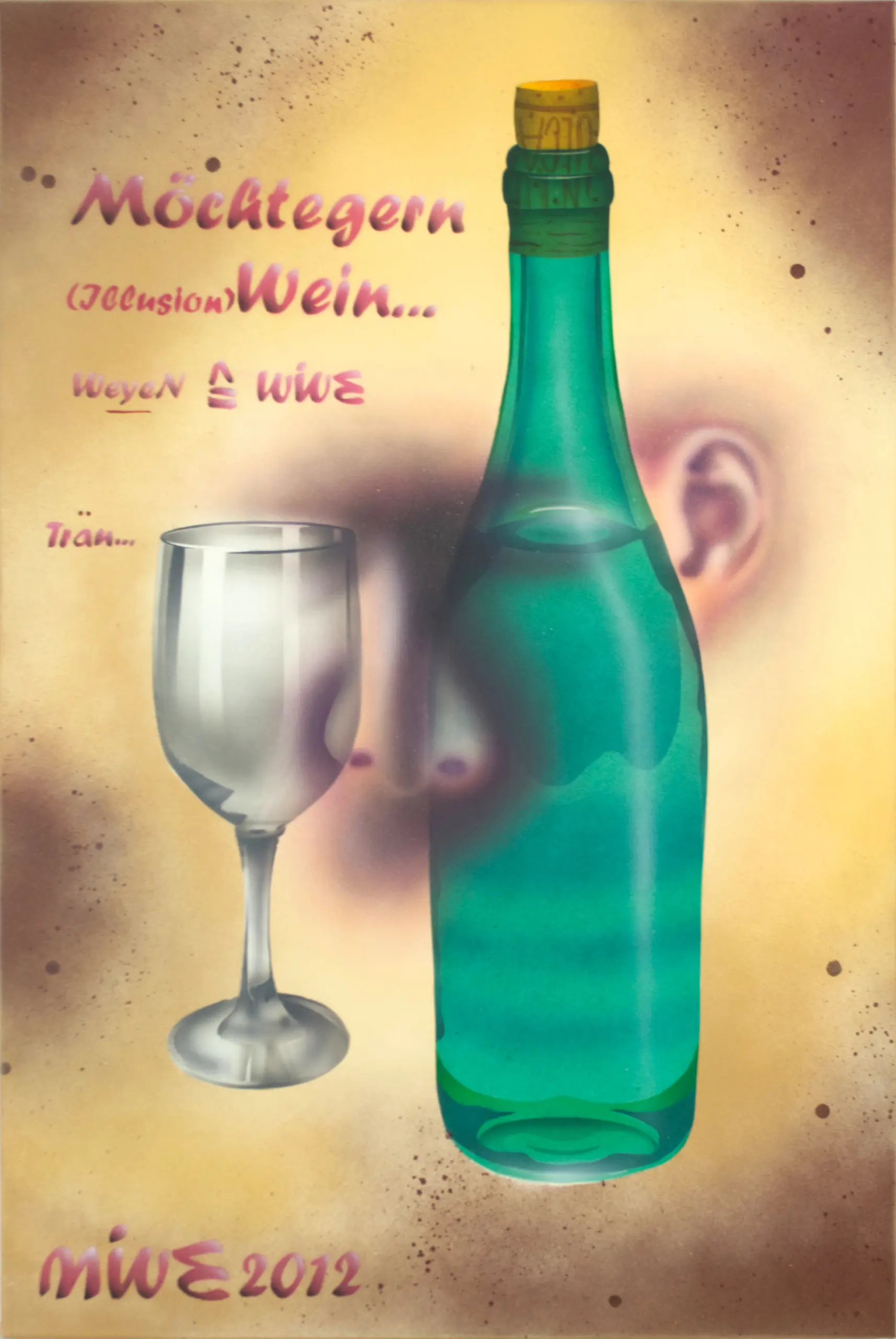 Möchtegern Wein, 2012, Sprühfarbe / Acrylfarbe / Marker auf Leinwand, 90 x 60 cm von Tim Florian Mueller