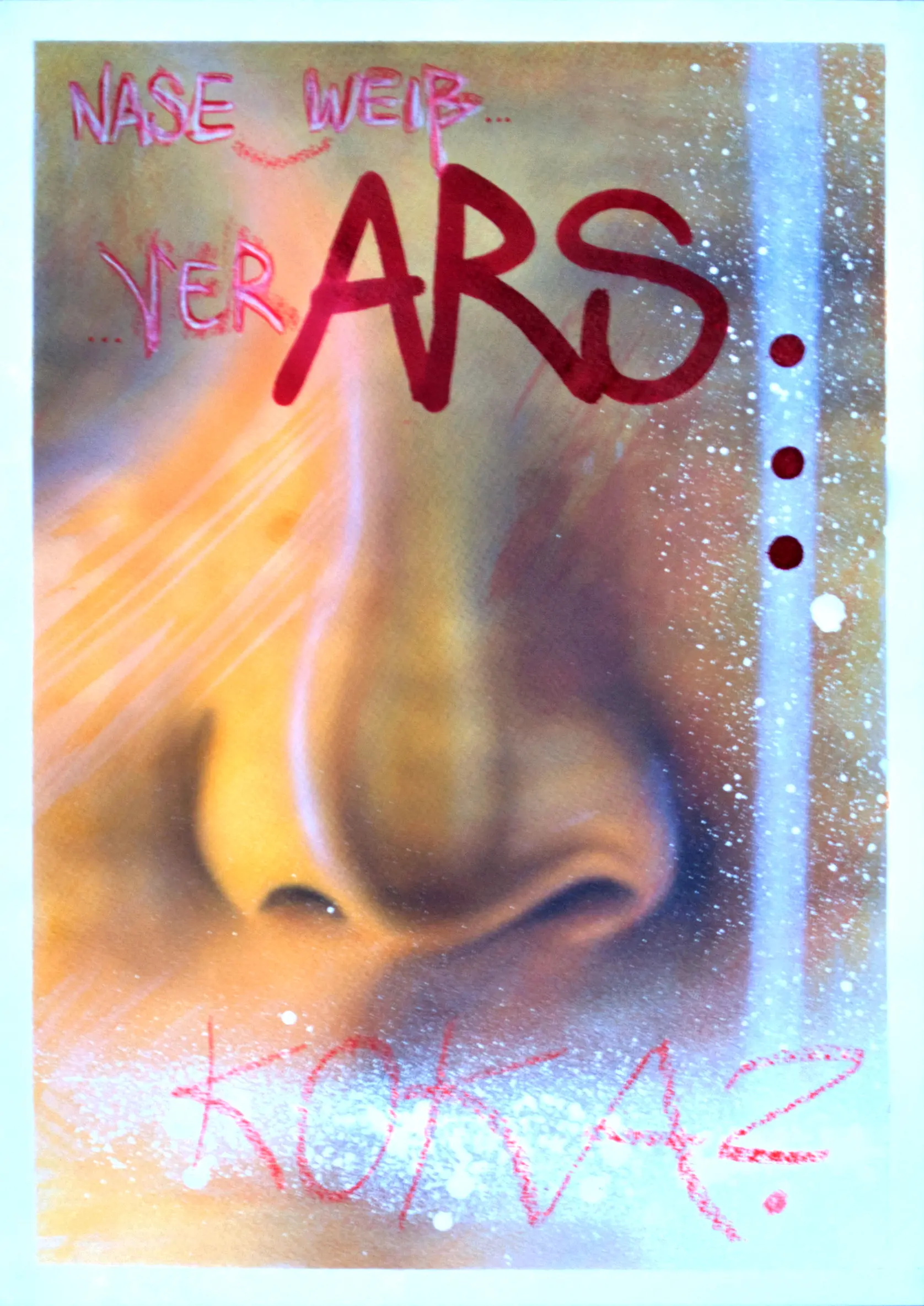 Nase weiss verarscht, 2012, Acrylfarbe / Dispersionsfarbe / Sprühfarbe / Alkoholmarker / Marker / Buntstift / Wachsstift auf Papier von Tim Florian Mueller
