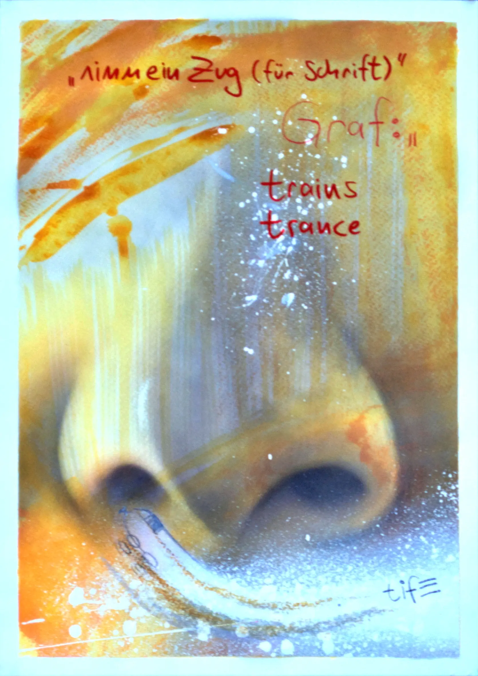 nimm ein Zug, 2012, Acrylfarbe / Dispersionsfarbe / Sprühfarbe / Marker / Buntstifte / Wachsstifte auf Papier von Tim Florian Mueller