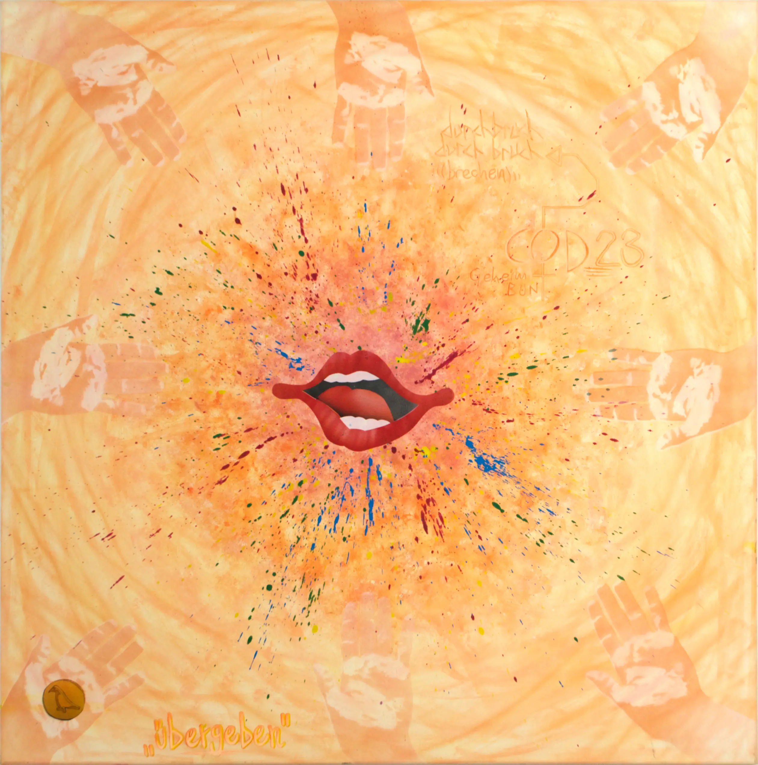 übergeben, 2011, Sprühfarbe / Acrylfarbe / Dispersionsfarbe / Marker auf Leinwand, 90 x 90 cm von Tim Florian Mueller