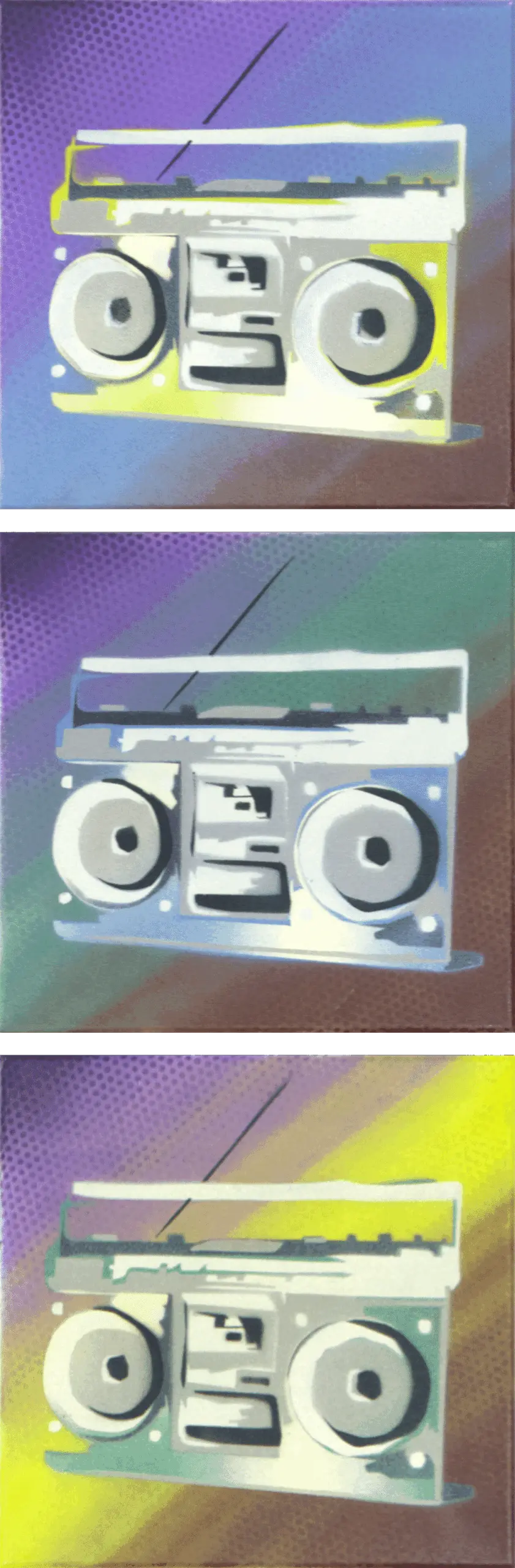 Ghettoblaster, 2017, Sprühfarbe auf Leinwand, je 30 x 30 cm von Tim Florian Mueller