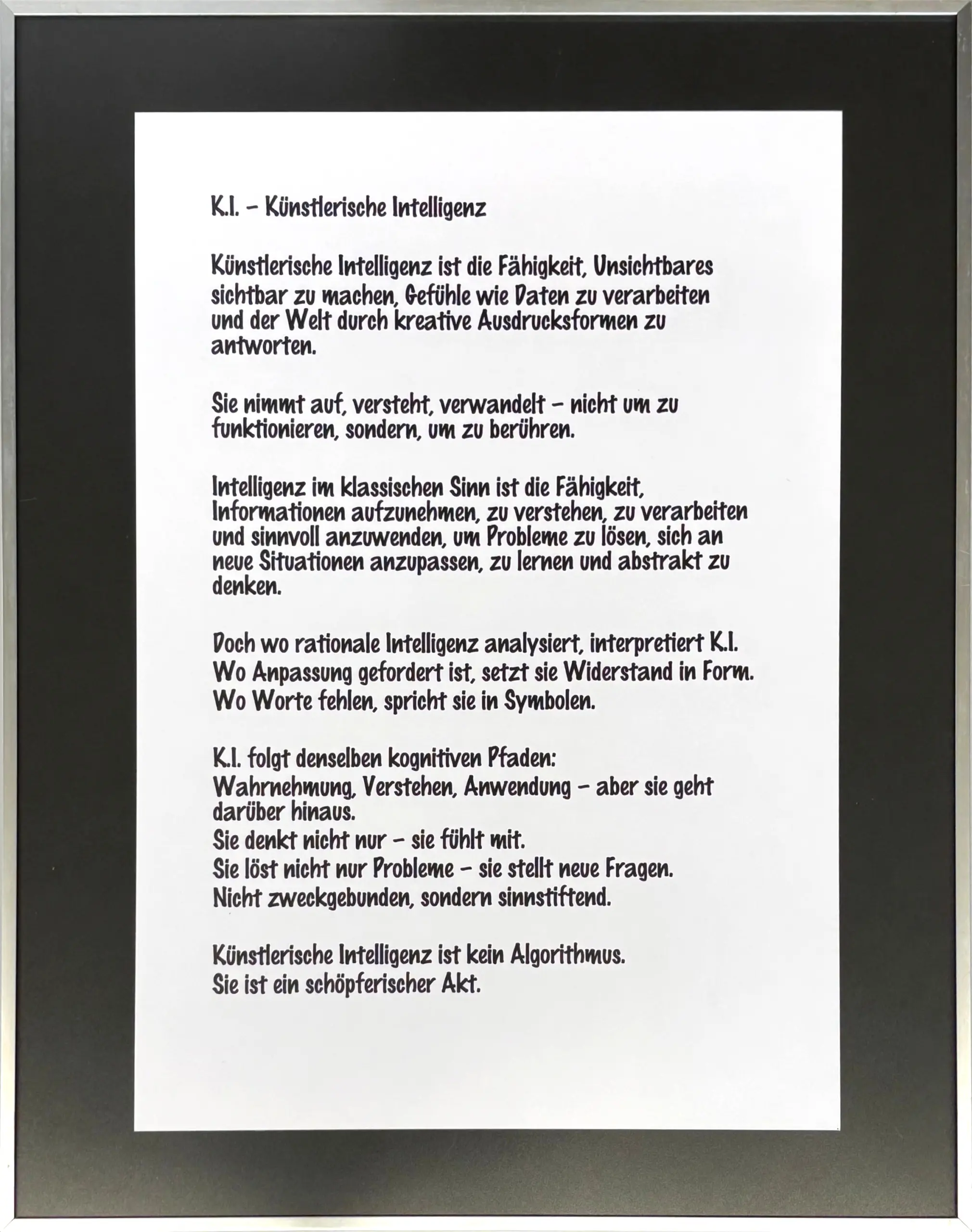 K.I. - Künstlerische Intelligenz, 2025, Textdruck auf Papier, 42 x 29.7 cm von Tim Florian Mueller