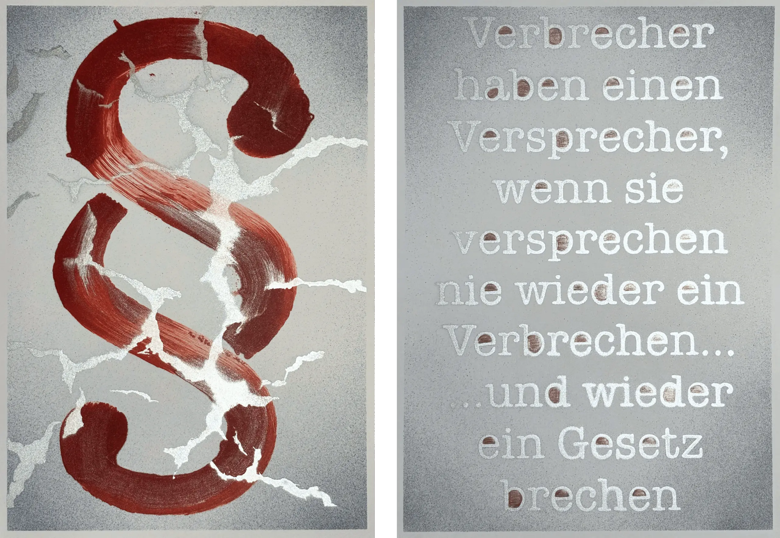 Gesetzesbrecher, 2024, Diptychon, Sprühfarbe / Alkoholmarker / Buntstifte auf Papier, je DIN A4 von Tim Florian Mueller