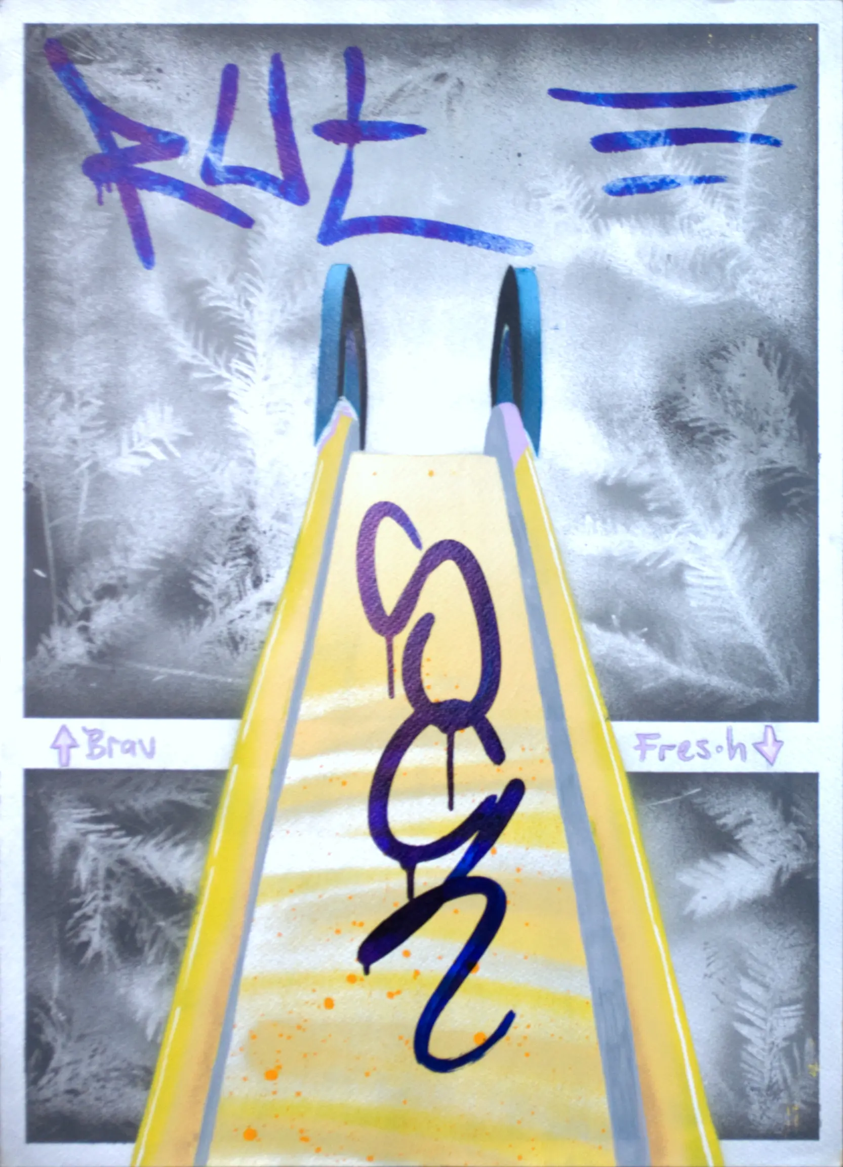 Rut(sch)e, 2010, Sprühfarbe / Alkoholmarker / Marker / Buntstifte auf Papier, 70 x 50 cm von Tim Florian Mueller
