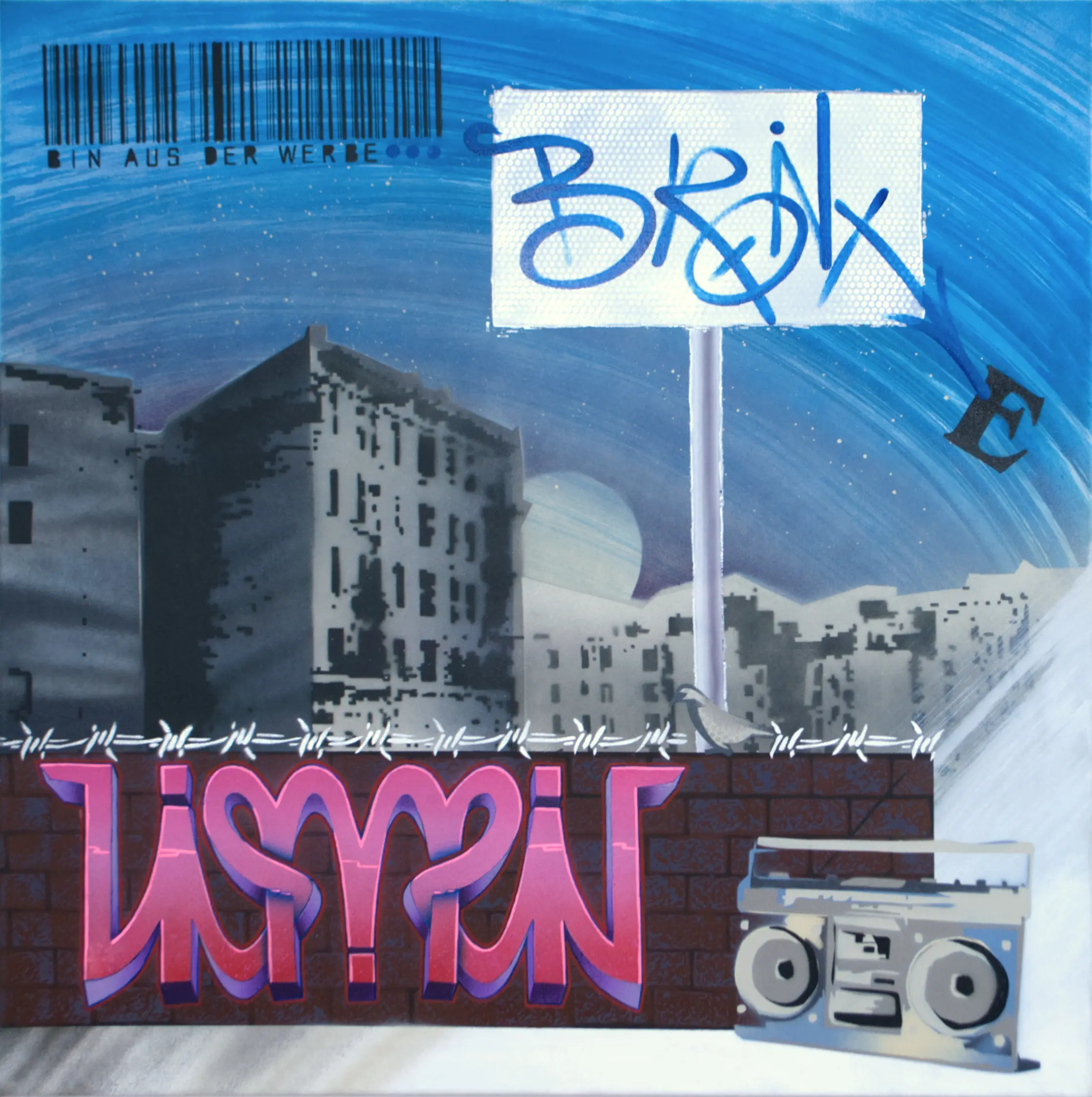Bin aus der Werbe Bronx (BRanch-E), 2017, Sprühfarbe / Acrylfarbe / Alkoholmarker / Marker auf Leinwand, 90 x 90 cm von Tim Florian Mueller